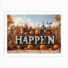 Autumn Themed Word Art Featuring The Word Happy Halloween In A Creative Rustic Stack As If Carve (3) Art Print