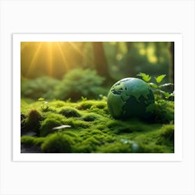 A Miniature Green Globe Resting On A Bed Of Moss In A Lush Forest With Sunlight Streaming Through The Trees, Symbolizing Environmental Awareness And Sustainability 1 Art Print