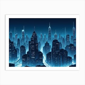 Digital Art Of A Futuristic Cityscape At Night, Illuminated With Neon Blue Lights Art Print