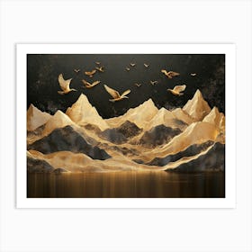 Golden Mountains With Birds Art Print