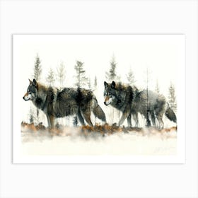 Grey Wolf - 2 Wolves In Woods Art Print