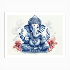 3d Pencil Sketch Drawing Of Indian God Ganesh Blue Tone Art Print