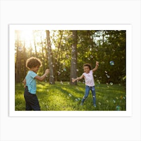 Children Playing With Soap Bubbles Art Print