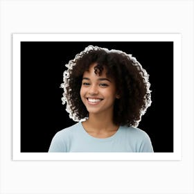 A Portrait Of A Smiling Young Woman With Curly Brown Hair, Isolated On A Black Background 2 Art Print