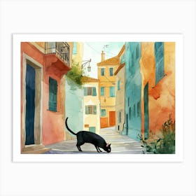 Marseille, France   Cat In Street Art Watercolour Painting 2 Art Print
