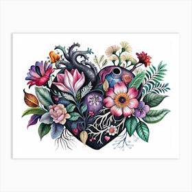 Watercolor Heart With Flowers And Vines Art Print