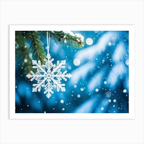 Closeup Of A Single Shiny Snowflake Resting On A Fir Tree Branch White And Blue Hues Dominating The Art Print