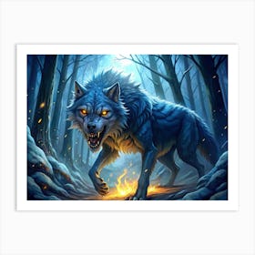 Fierce Blue Wolf With Burning Flames Art Print