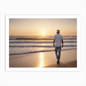 Man Walking On The Beach At Sunset Art Print