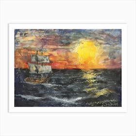 Sailing Ship At Sunset 2 Art Print