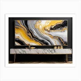 Abstract Art Featuring Liquid Marble Patterns Flowing Together In A Dance Of Grey Black Yellow G (6) Art Print