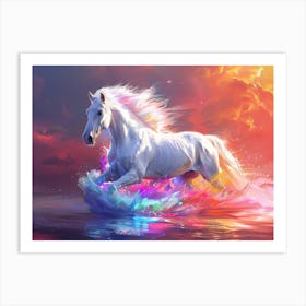 White Horse Running In The Water Art Print