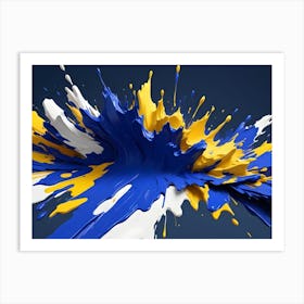 A Vibrant Abstract Image Of A Paint Explosion, Featuring Blue, White, And Yellow Paint Splattering In A Dynamic And Chaotic Pattern Art Print