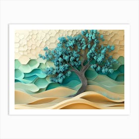 A Striking 3d Artwork of a Tree with Turquoise and Blue Leaves Art Print