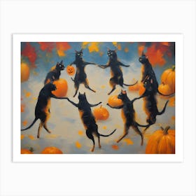 Black Cats Dancing With Pumpkins on Halloween - Witchy Fall Art of Vintage Whimsical Kitties Dance Carrying Jack O Lanterns Autumn Pagan Witchcraft Whimsy Folk Art For Cat Lover, Cat Moms Funny and Cute HD Art Print