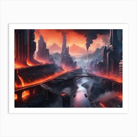 Cyberpunk city with lava and river 8 Art Print