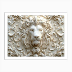 3d Lion Art with Intricate Details and Elegant Design in Off White Color Art Print