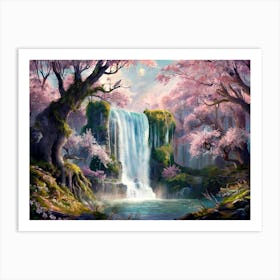 Majestic Waterfall Cherry Blossom Forest Painting #6 Art Print