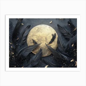 3d Art Dark Gray Background, Golden and Black Feathers for the Moon Art Print