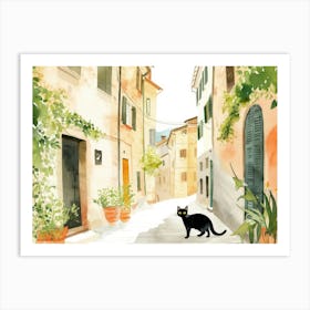 Black Cat In Ascoli Piceno, Italy, Street Art Watercolour Painting 3 Art Print