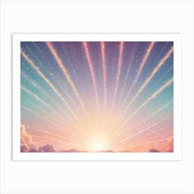 Abstract Image Of A Bright, Colorful Sunrise Over A Mountain Range, With Radiating Light Beams And Soft, Pink Clouds Art Print