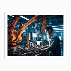 An Artificial Intelligence Engineer Immersed In A High Tech Manufacturing Factory Examining The Com (3) Art Print