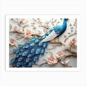 3d Blue Peacock On Branch With Flowers Art Print