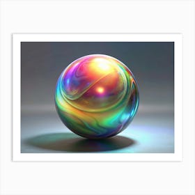 A 3d Rendering Of A Shiny, Iridescent Sphere With Swirling Colors, Against A Light Blue Background Art Print