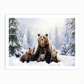 Wildlife Portrait Featuring A Bear Family In The Heart Of Winter Mother Bear Embracing Her Cubs In Art Print