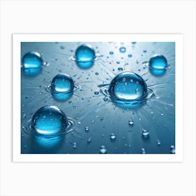 A Close Up Shot Of Water Droplets On A Blue Surface, Creating A Sense Of Freshness And Purity Art Print