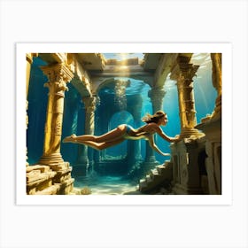 Woman swimming in gold underwater ruin 9 Art Print