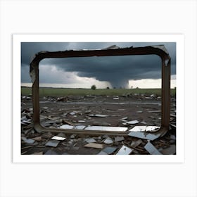 A Broken Window Frame Lies Amidst Debris In A Field With A Tornado In The Background, Symbolizing Destruction, Chaos, Or The Aftermath Of A Natural Disaster Art Print