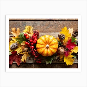 Autumn Themed Table Decor Featuring An Assortment Of Yellow And Orange Leaves Acorns Amidst A Garde (2) Art Print