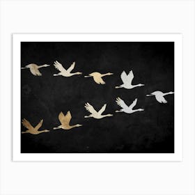 Black and Gold Flying Japanese Cranes Arwork Art Print