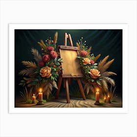 Blank Canvas On Easel With Floral Arrangement And Candles Art Print