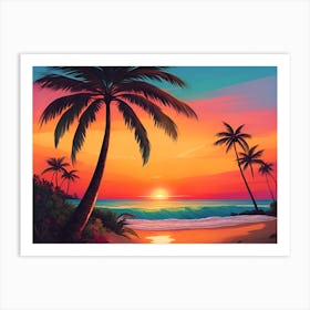 A Tranquil Beach At Sunset Horizontal Illustration 1 Art Print