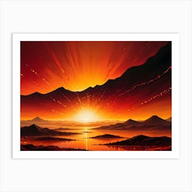 A Dramatic Landscape Of Mountains And A Lake At Sunset, With Glowing Orange Light, Creating A Sense Of Beauty And Grandeur Art Print