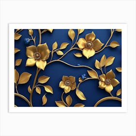 Gold Leaves On A Blue Background Art Print