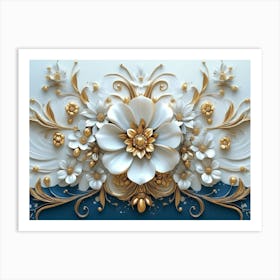 Intricate 3d Artwork Illustration With A White And Blue Backdrop, Embellished With Gold Jewelry 1 Art Print