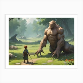 A Young Adventurer With A Sword Stands On A Path In A Forest, Facing A Large, Muscular Beast Art Print