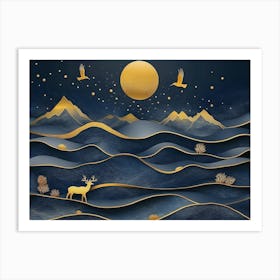 3d Blue and Golden Wave Mountains, Golden Deer and Birds Art Print