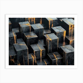 3d Art Golden Lines and Pattern Cubes on Black Marble Art Print