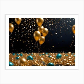 A Celebration Scene With Gold And Green Balloons Floating Against A Dark Background With Confetti Falling Art Print