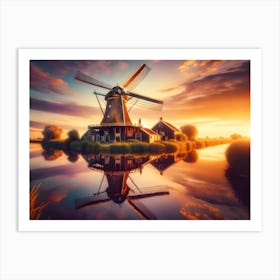 Sunset With Windmill Art Print