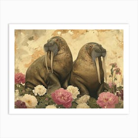 Floral Animal Illustration Walrus 3 Art Print