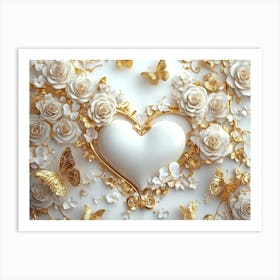 3d White Background With Gold Roses, Butterflies and Heart Art Print