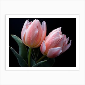 Pink Tulips On Black Background Art Print