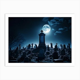 A Haunting View Of A Tomb Silhouetted Against The Night Sky A Gravestone With The Cross Engraved W (4) Art Print