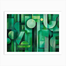 A Green Adorned With An Array Of Geometric Shapes In Emerald, Jade, And Mint Colors 2 Art Print