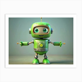 A Green Cartoon Robot With Big Eyes, Smiling And Waving With Both Arms Art Print